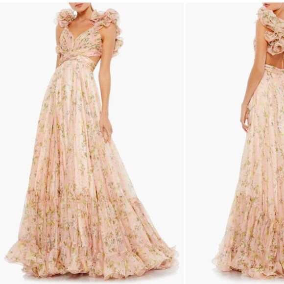 MAC DUGGAL 67803 RUFFLE TIERED FLORAL CUTOUT CHIFFON PINK MULTI GOWN 2 - Picture 4 of 6